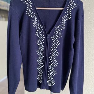 Petite Sophisticate Navy Zip-Front Cardigan with Pearl Accents